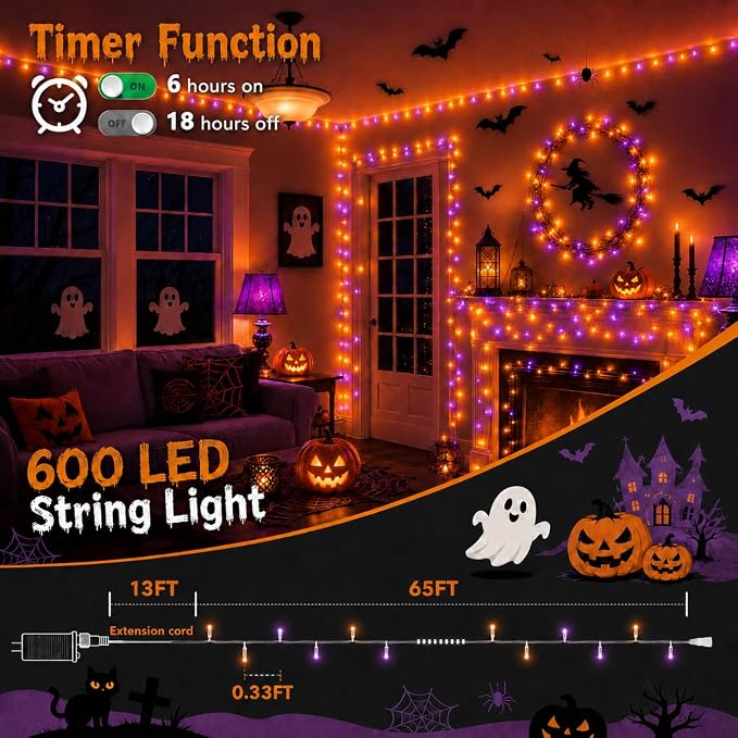 600LED 188FT Smart Color Changing Halloween String Lights RGB App & Remote | Music Sync, 16 Million DIY Colors, Timer & Memory, Waterproof Twinkle Lights Indoor Outdoor for Halloween Fall Decor
