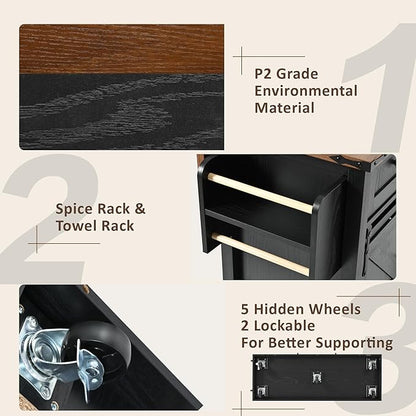 53.7" Farmhouse Kitchen Island with Power Outlet,2 Sliding Barn Door Storage w/Drop Leaf and Spice Rack Rolling Carts on Wheels & Metal Handle,for Home,Dining Room,Black, 50.25"