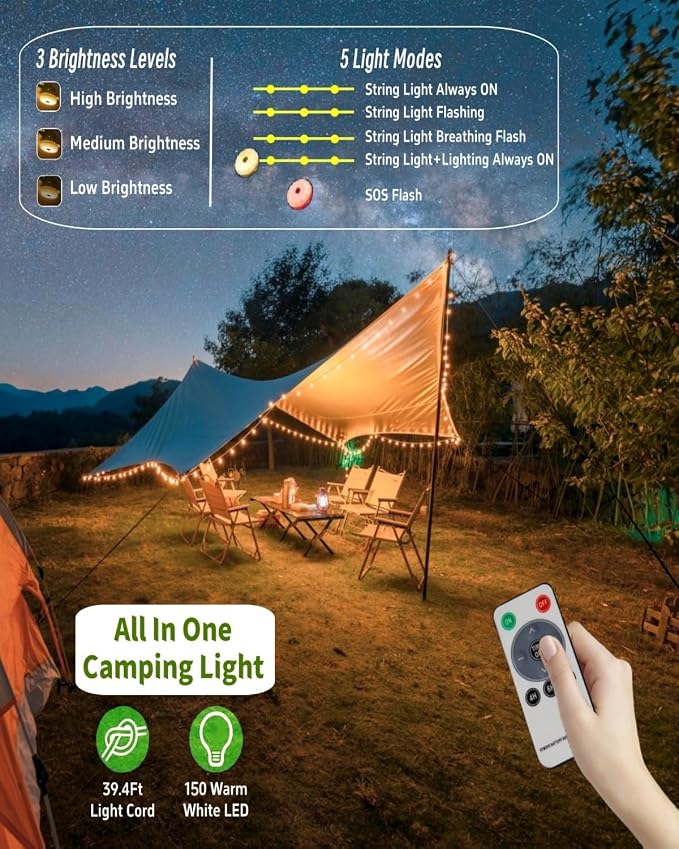 Solar Camping String Lights, 39.4 FT Fairy String Light, 4 in 1 Portable Waterproof Camp LED Lamp with 8 Lighting Modes, Hanging Rechargeable Tent Lantern for Outdoor Garden Patio Party Essentials
