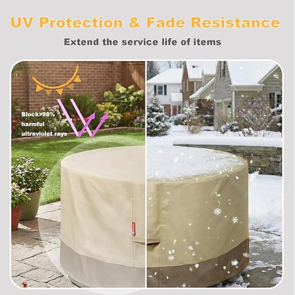 SheeChung Fire Pit Cover Round 44" D x 24" H Waterproof 600D Heavy Duty Patio Gas Fire Pit Cover,Large Shelter Fits 40-44 Inch Outdoor Firepit Table Beige