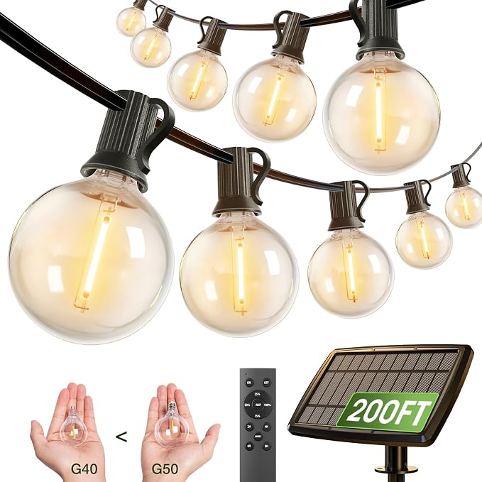 addlon 200FT Solar String Lights for Outside G50 Waterproof | with USB Port Solar Patio Lights Outdoor Solar Powered LED Bulbs 3 Light Modes for Backyard Porch Garden Market Bistro
