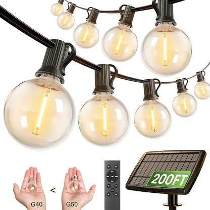 addlon 200FT Solar String Lights for Outside G50 Waterproof | with USB Port Solar Patio Lights Outdoor Solar Powered LED Bulbs 3 Light Modes for Backyard Porch Garden Market Bistro