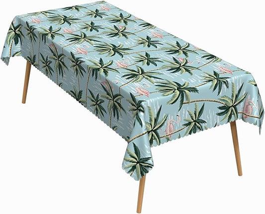 60x120 Inch Summer Rectangular Tablecloth Vintage Tropical Flamingo Palm Tree Light Blue Table Cloth Washable Durable Table Cover for Kitchen Coastal Home BBQ Picnic Beach Party