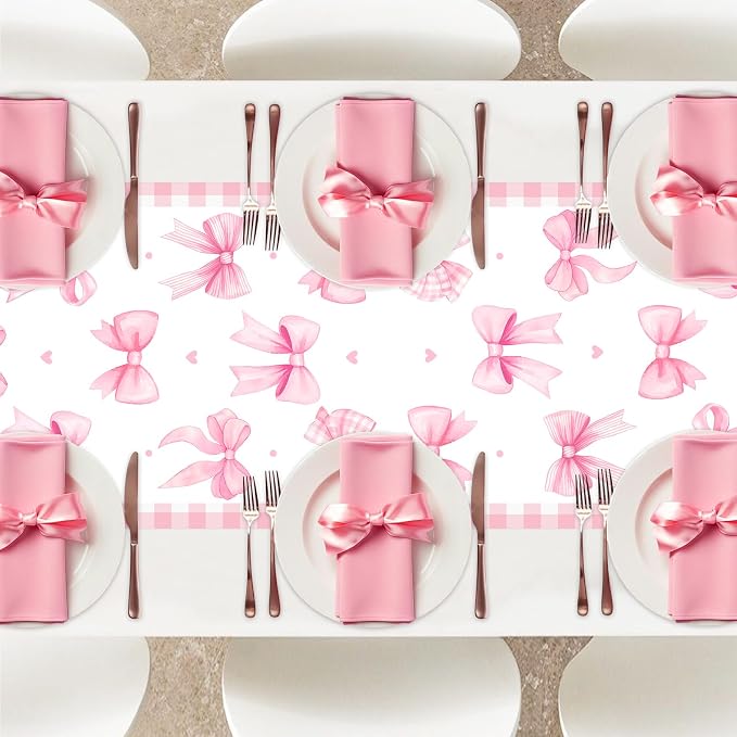 Pink Bow Theme Table Runner, Pink Linen Fabric Table Runner for Everyday Use 72 x 13 Inches, Washable Table Cover for Indoor Outdoor Kitchen Dining Table Home Decor