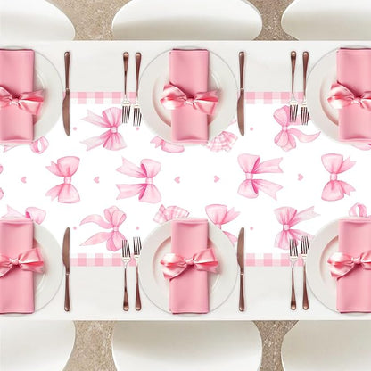Pink Bow Theme Table Runner, Pink Linen Fabric Table Runner for Everyday Use 72 x 13 Inches, Washable Table Cover for Indoor Outdoor Kitchen Dining Table Home Decor