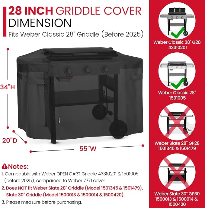 Unicook Griddle Cover Compatible with Weber 28 Inch Gas Griddle, 55" Grill Cover Compared to Weber 7771, Heavy Duty Waterproof 3 Burner Flat Top BBQ Protector with Hood, All Weather Protection, Black