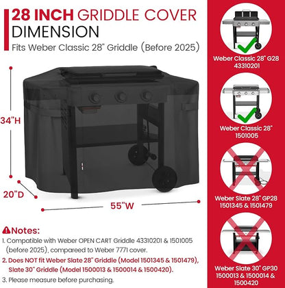 Unicook Griddle Cover Compatible with Weber 28 Inch Gas Griddle, 55" Grill Cover Compared to Weber 7771, Heavy Duty Waterproof 3 Burner Flat Top BBQ Protector with Hood, All Weather Protection, Black
