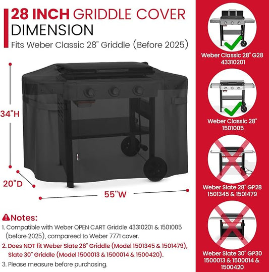 Unicook Griddle Cover Compatible with Weber 28 Inch Gas Griddle, 55" Grill Cover Compared to Weber 7771, Heavy Duty Waterproof 3 Burner Flat Top BBQ Protector with Hood, All Weather Protection, Black