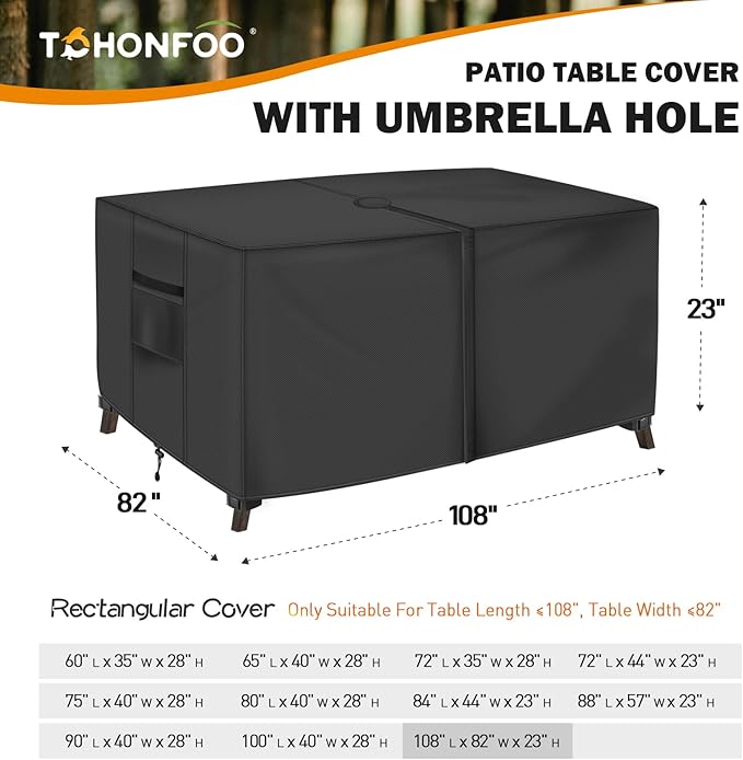 Rectangle Patio Table Cover with Umbrella Hole - 108"L x 82"W x 23"H (COVER SIZE，NOT TABLE SIZE) Heavy Duty Waterproof 600D Oxford Fabric Outdoor Lawn Patio Furniture Covers