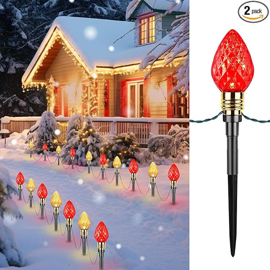 Brightown 2 Pack Strawberry C9 Christmas Pathway Lights Outdoor - Total 34.8 Feet 20 LED Christmas Walkway Lights, Christma LightsOutdoor Decorations for Yard Lawn Holiday Outside, Red & Warm White
