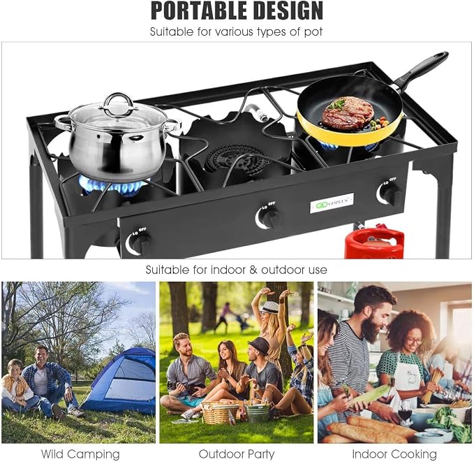 FANTASK 3-Burner Outdoor Camping Stove, Portable High Pressure Propane Gas Cooker Burner w/Detachable Legs for Patio Camp Cooking
