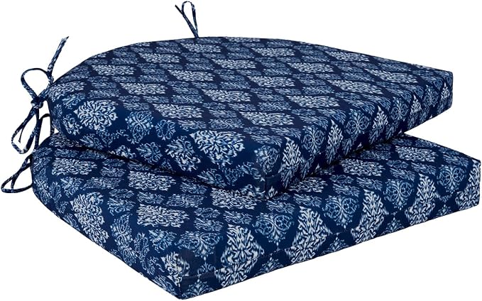 Cozyide Outdoor Chair Cushions, Waterproof Patio Seat Cushions with Adjustable Straps, Round Corner Patio Chair Cushions for Garden, Indigo Badge, 17x16x2 Inch (Pack of 2)