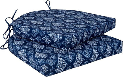 Cozyide Outdoor Chair Cushions, Waterproof Patio Seat Cushions with Adjustable Straps, Round Corner Patio Chair Cushions for Garden, Indigo Badge, 17x16x2 Inch (Pack of 2)