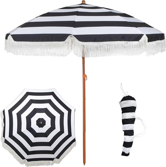 6 Ft Fringe Patio Umbrella - Outdoor Umbrella for Patio, Pool, Table, Garden, Deck, Beach, and Outdoors - Fashionable Boho Vintage Tassels & Wood Print - Push Button Tilt Pole