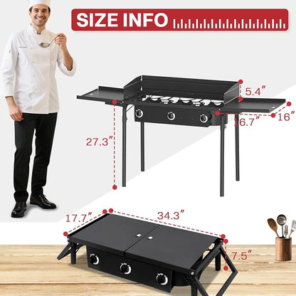 3 Burner Propane Camp Stove | 225,000 BTU | High Pressure Gas Burners | CSA Certified | Side Shelves | Windscreen | Waterproof Cover | Detachable Legs | Ideal for Camping Backyard Outdoor Cooking