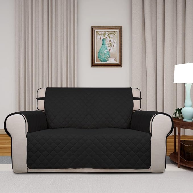 PureFit Reversible Quilted Couch Covers for Dogs Loveseat Sofa Cover 46.5” | Black/Black, Water Resistant Couch Protector, Washable Pet Couch Cover with Non Slip and Elastic Straps For Kids