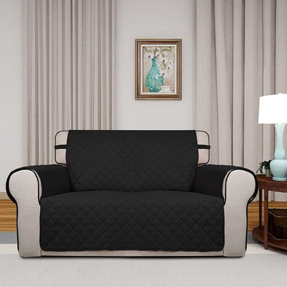 PureFit Reversible Quilted Couch Covers for Dogs Loveseat Sofa Cover 46.5” | Black/Black, Water Resistant Couch Protector, Washable Pet Couch Cover with Non Slip and Elastic Straps For Kids