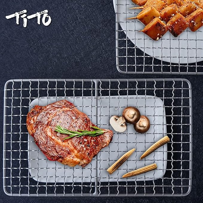 TiTo Titanium BBQ Net Grill Portable Ultralight Non-Stick Meat Grill Grate for Home Garden Outdoor Camping Picnic Hiking Charcoal Holder with Storage Bag (A)