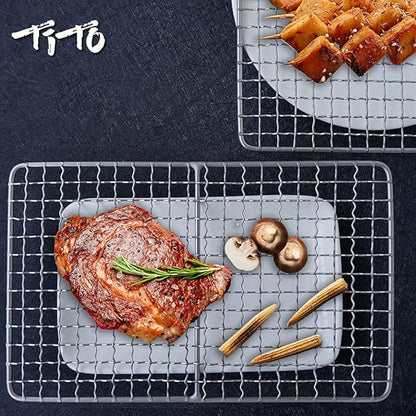 TiTo Titanium BBQ Net Grill Portable Ultralight Non-Stick Meat Grill Grate for Home Garden Outdoor Camping Picnic Hiking Charcoal Holder with Storage Bag (A)
