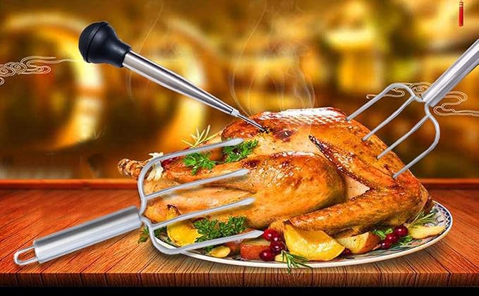 Stainless Steel Turkey Baster Syringe, Flavor Injector Needle,With Cleaning Brush- Easy to clean, Rubber Bulb