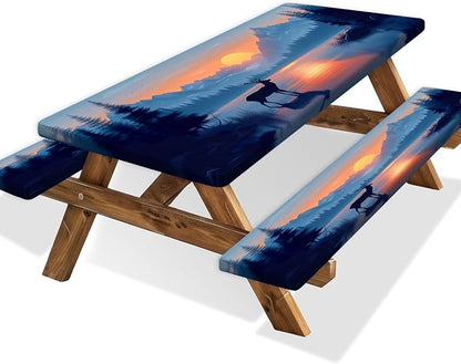 3 PCS Picnic Table Cover with Bench Covers & Storage Bag, Waterproof Fitted Camping Tablecloth with Elastic, 30x96 Inch, Sunset Mountain Lake Deer Forest Print, Indoor Outdoor Patio RV Party Table