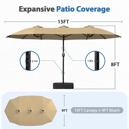 HOPERAN 15FT Patio Umbrella with Base Included, Large Outdoor Double-Sided Rectangle Table Umbrella with Easy Crank Lift, Market Umbrella for Backyard, Pool&Garden