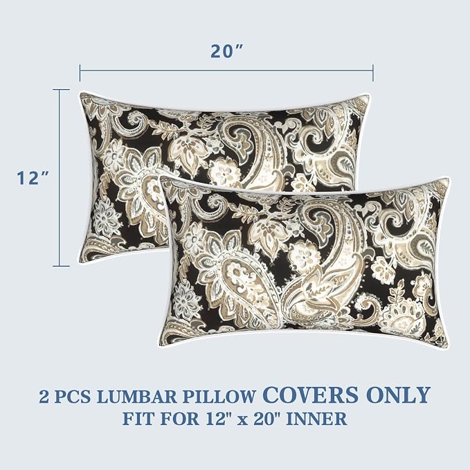 LVTXIII 2 Pack Outdoor Lumbar Pillow Covers 12x20 Inch with Piping, Water-Repellent Back Cushion Covers ONLY for Patio Furniture, Sofa, Garden Bench, Paisley Black