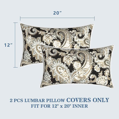 LVTXIII 2 Pack Outdoor Lumbar Pillow Covers 12x20 Inch with Piping, Water-Repellent Back Cushion Covers ONLY for Patio Furniture, Sofa, Garden Bench, Paisley Black