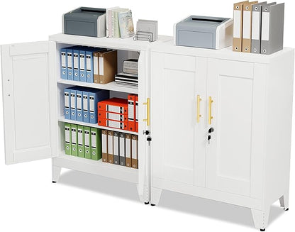 GAIOUS White Metal File Cabinet with Lock (Two Units), Steel Storage Cabient with 2 Doors and 2 Adjustable Shelves, Multifunctional Locked Cabinet for Home/Office/Garage/Tool Room, Accent Furniture