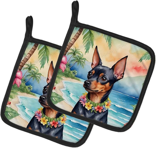 Caroline's Treasures Miniature Pinscher Luau Pair of Pot Holders Kitchen Heat Resistant Pot Holders Sets Oven Hot Pads for Cooking Baking BBQ, 7 1/2 x 7 1/2