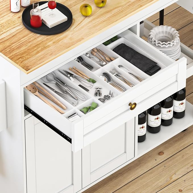 81.5" Kitchen Island with Extendable Dining Table, Rolling Kitchen Cart on Wheels with Spice Rack, Drawer and Door Cabinet for Dining Room, White