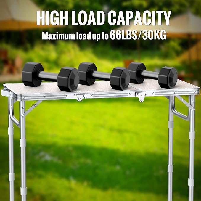 GARLLEN Folding Camping Table with Storage Bag, Max Capacity 66lbs | 3-Height Adjustable Picnic Table with MDF Tabletop, Portable Aluminum Outdoor Table for Camping, Travel, 34.2" L x 15.7" W