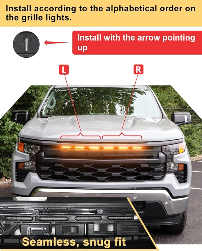 Grill Lights for Chevy Silverado 1500 2026-2022 WT Custom Excl LTD, Yellow | Silverado 1500 Raptor Grille Lights, Upgrade Silverado Front LED Lights, Snap-in Installation, OEM Style, Off-road Driving