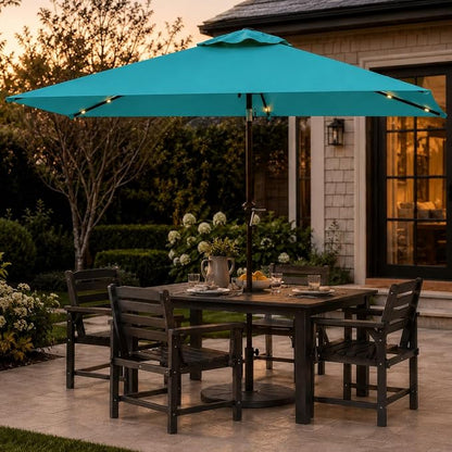 6.5 x 10ft Rectangular Patio Umbrella with Solar Lights, 16 LED Lighted Market Umbrella with Push-Button Tilt and Crank, 6 Sturdy Iron Ribs for Garden, Deck, Pool, Turquoise Blue