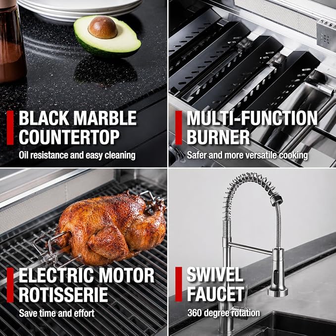 85-Inch Stainless Steel Outdoor Kitchen Grill Island, 6-Burner 72,000 BTU Propane Gas BBQ Grill with Wine Cooler Refrigerator, Rotisserie Kit, Granite Countertops, Sink, Glide Wheels, Black