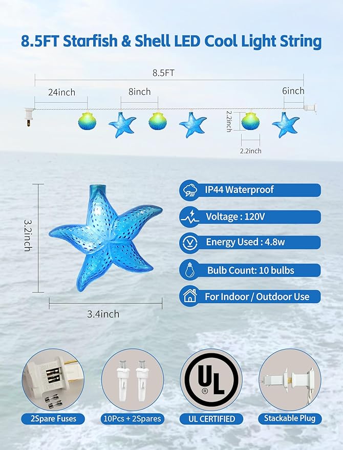 8.5Ft Beach Themed Seashell String Lights, 10L LED Starfish Seashell Lights Plug in for Boho Coastal Bedroom Seashell Party Nautical Party Holiday Decor, Indoor Outdoor