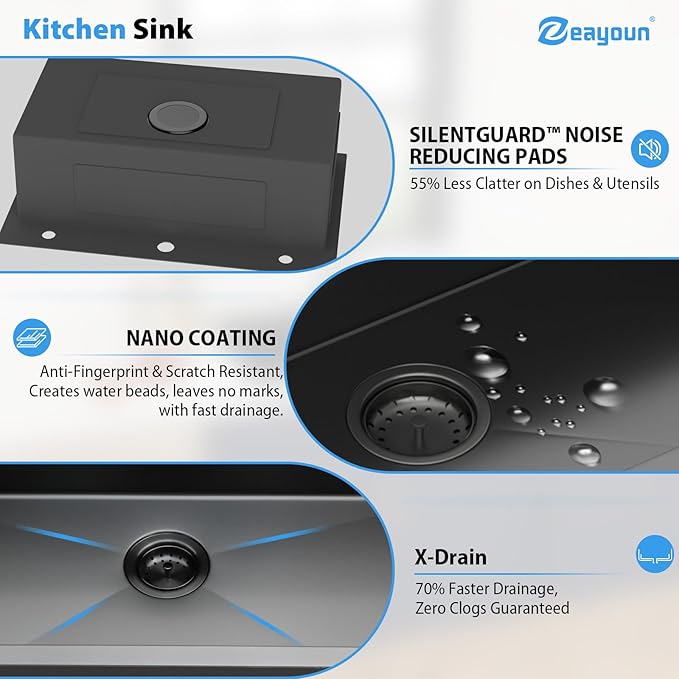 28 Inch Gunmetal Black Drop In Kitchen Sink 28 x 18 Kitchen Sink 18 Gauge Stainless Steel Single Bowl Topmount Sink with Nano Coating, 28x18x9