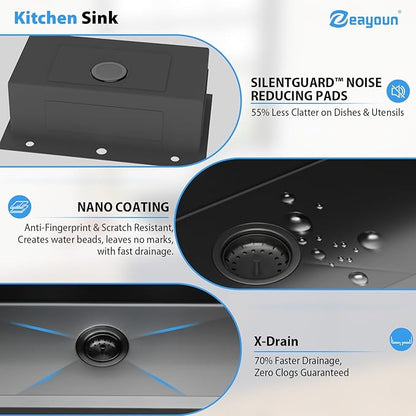 28 Inch Gunmetal Black Drop In Kitchen Sink 28 x 18 Kitchen Sink 18 Gauge Stainless Steel Single Bowl Topmount Sink with Nano Coating, 28x18x9