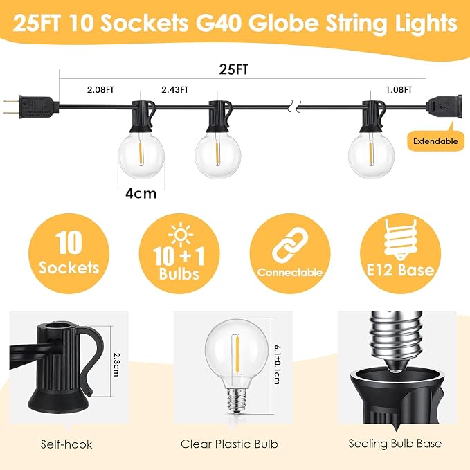 Mlambert 25FT G40 LED Outdoor String Lights, Plug-in Waterproof Patio Lights with 10+1 LED Bulbs, Porch Balcony Lights for Backyard Party Decor, Black