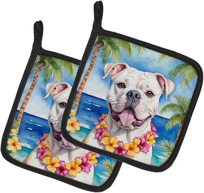 Caroline's Treasures American Bulldog Luau Pair of Pot Holders Kitchen Heat Resistant Pot Holders Sets Oven Hot Pads for Cooking Baking BBQ, 7 1/2 x 7 1/2