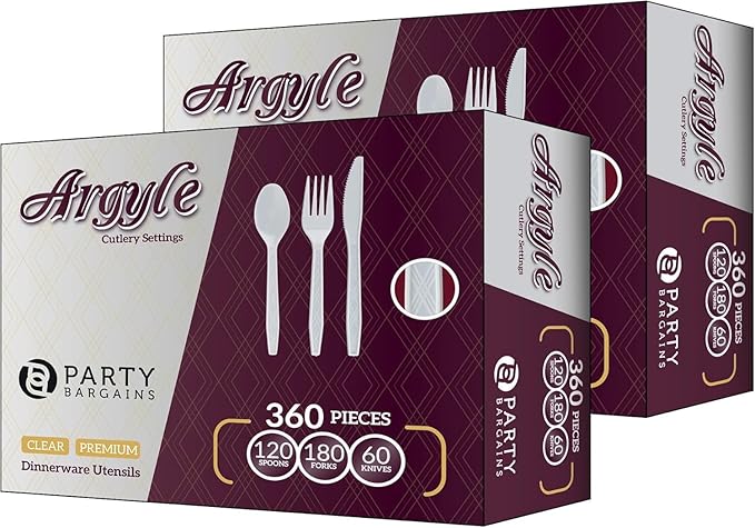 PARTY BARGAINS Argyle White Plastic Cutlery Set 720 -Piece – 360 Forks, 240 Spoons, 120 Knives – Heavy-Duty Disposable Utensils for Parties, Weddings, Buffets, BBQs & Catering – BPA Free