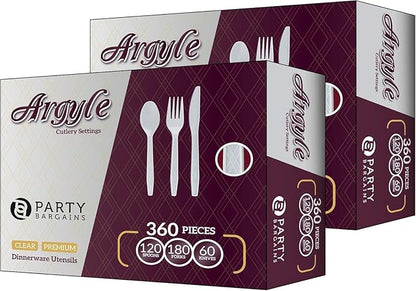 PARTY BARGAINS Argyle White Plastic Cutlery Set 720 -Piece – 360 Forks, 240 Spoons, 120 Knives – Heavy-Duty Disposable Utensils for Parties, Weddings, Buffets, BBQs & Catering – BPA Free