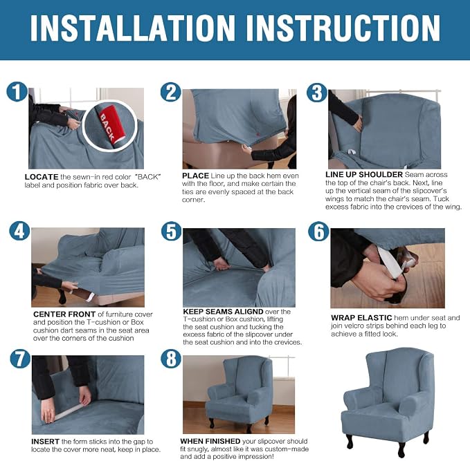 H.VERSAILTEX Wingback Chair Covers Velvet Plush Wing Chair Slipcover 1 Piece High Stretch Wing Back Chair Slipcovers Sofa Cover Furniture Cover with Elastic Bottom, Stone Blue