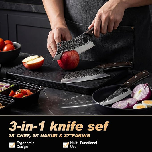 Butcher Knife Set 3PCS, Hand Forged Serbian Chef Knife & Meat Cleaver & Viking Knife, Food Cutting Kitchen Knife for Home, Outdoor Cooking, Camping BBQ Gift for Men