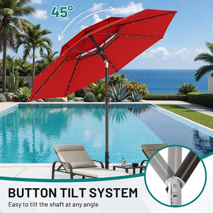 AreShark 9ft 2 Tiers Patio Umbrella with Solar Lights, Outdoor Umbrella w/ 32 LED Lights&8 Sturdy Ribs, Table Umbrella for Deck, Backyard, Pool(Red)