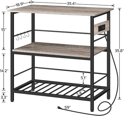 HOOBRO Kitchen Island with Storage, Kitchen Island Table with Power Outlet, 3 Tier Coffee Station and Microwave Stand, for Home, Dining Room, Greige and Black BG021ZD01