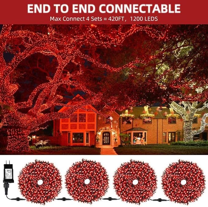 MZD8391 105FT 300LED Christmas Light Outdoor Indoor,Christmas Tree Light | Red, 100% UL Listed, Waterproof, 8 Light Modes, Timer & Memory, End To End Connect, Christmas String Light Outdoor Indoor