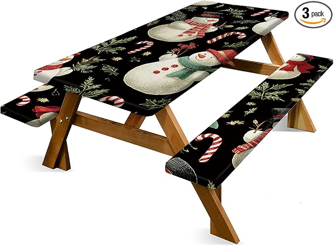 Christmas Picnic Table Cover with Table Cover, Elastic Tablecloth for Outdoor Picnic Table, Designed with Black Snowman and Candy Cane, Tablecloth for Camping, Barbecue and Holiday Parties
