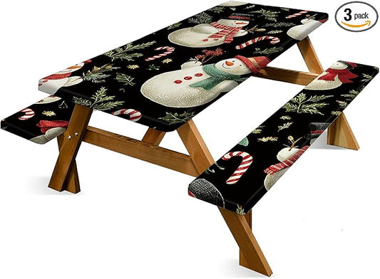 Christmas Picnic Table Cover with Table Cover, Elastic Tablecloth for Outdoor Picnic Table, Designed with Black Snowman and Candy Cane, Tablecloth for Camping, Barbecue and Holiday Parties