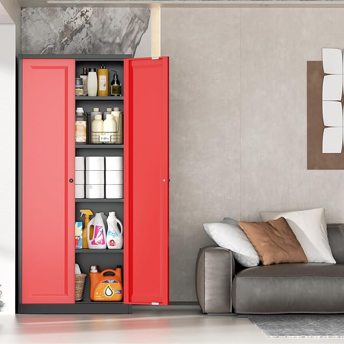 INTERGRAET Kitchen Pantry Cabinet, 63" Tall Metal Pantry Storage Cabinets with 2 Doors and 4 Shelves, Metal Storage Cabinet,Cupboard for Home,Kitchen,Living Room/Dining, Black Red
